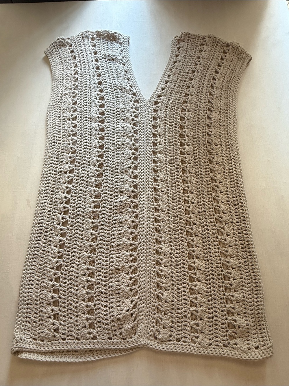 Boho Crochet Coverup Pullover Dress Cream Open Front Longline Layering Tunic M/L